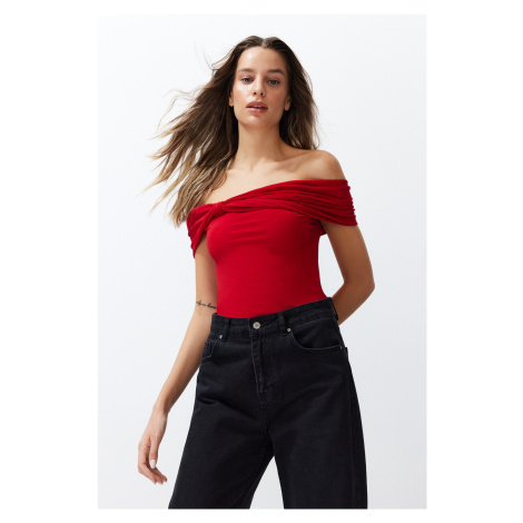 Trendyol Red Carmen Collar Fitted Flexible Crop Knitted Blouse