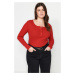 Trendyol Curve Red U Neck Snap Detailed Knitted Crop Blouse