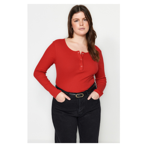 Trendyol Curve Red U Neck Snap Detailed Knitted Crop Blouse