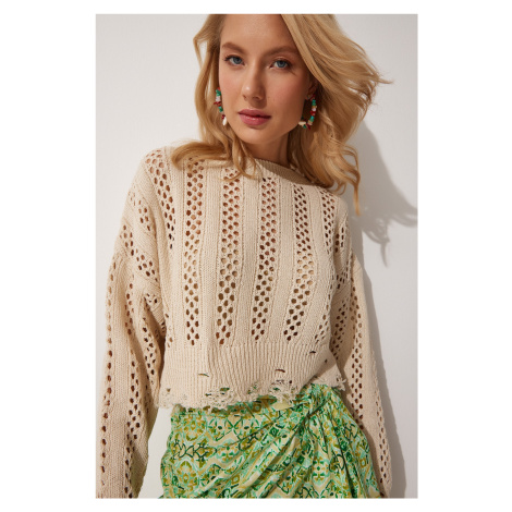 Happiness İstanbul Women's Cream Openwork Crop Seasonal Knitwear Blouse