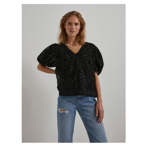 Black Patterned Blouse with Short Balloon Sleeves Pieces Nolia - Women