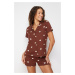 Trendyol Brown 100% Cotton Heart Patterned Shirt-Shorts Knitted Pajamas Set