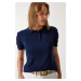 Happiness İstanbul Women's Navy Blue Polo Neck Light Transparent Summer Knitwear Blouse