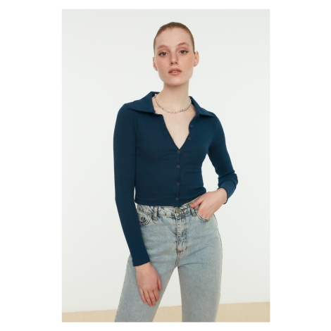 Trendyol Indigo Button Detailed Fitted Crop Polo Neck Ribbed Stretchy Knitted Blouse