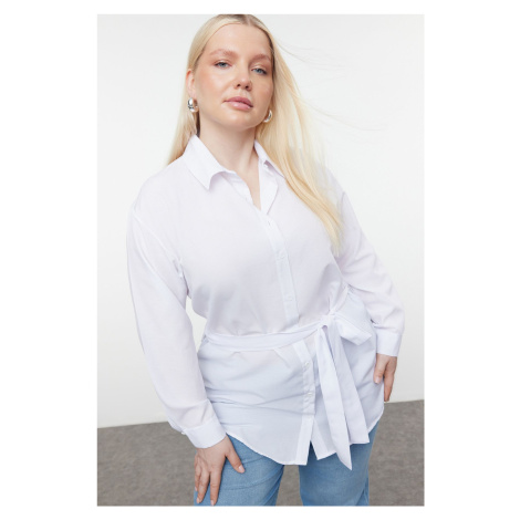 Trendyol Curve White Plus Size Waisted Poplin Woven Shirt