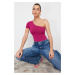 Trendyol Fuchsia Fitted/Body-Sitting Asymmetric Collar Single Arm Snap Fastener Stretch Knitted 