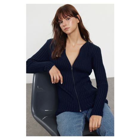 Trendyol Navy Blue Basic Zippered Ribbed Knitwear Cardigan