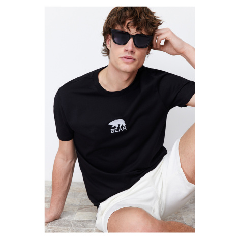 Trendyol Black Regular Cut Bear/Animal Embroidered 100% Cotton Short Sleeve T-Shirt