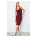 Trendyol Burgundy Fitted Pool Neck Crew Neck Ribbed Stretchy Knitted Midi Dress