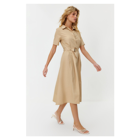 Trendyol Jewelled Belt Skirt Waist Opening Pleated 100% Cotton Poplin Midi Woven Dress