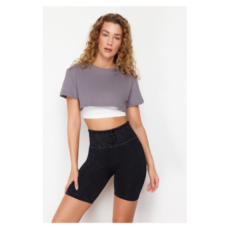 Trendyol Grey White 100% Cotton 2 Layer Reflective Printed Crop Sports T-Shirt