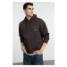 Trendyol Dark Brown Oversize/Wide Cut Hooded Fleece Embroidered Sweatshirt