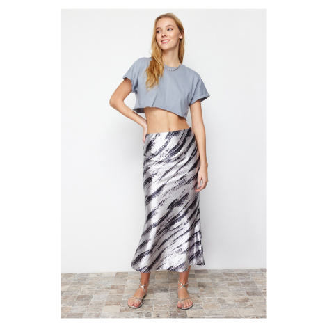 Trendyol Gray Patterned Satin Maxi Knitted Skirt