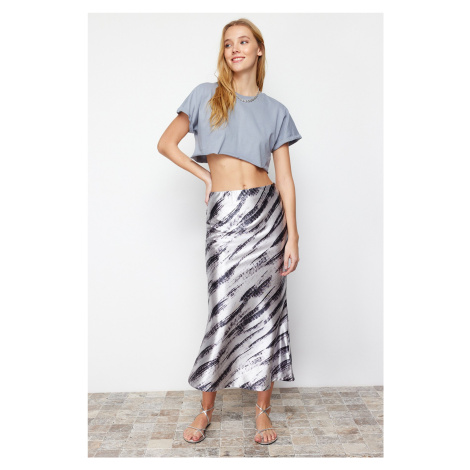 Trendyol Gray Zebra Patterned Satin Maxi Knit Skirt