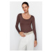 Trendyol Brown Fitted/Situated Crewneck Collar Soft Fabric, Flexible With Snap Buttons Knitted B