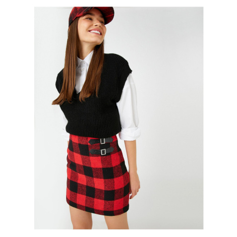 Koton Checked Mini Skirt with Double Buckle Detail and Zipper