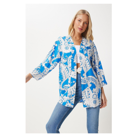 Happiness İstanbul Women's Blue and White Patterned Viscose Kimono