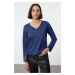 Trendyol Saks 100% Cotton Regular/Normal Fit Basic V-Neck Long Sleeve Knitted T-Shirt