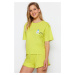 Trendyol Light Green Cotton Printed T-shirt-Shorts Knitted Pajamas Set