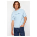 Trendyol Blue Relaxed/Comfortable Cut Fluffy Text Printed Short Sleeve Soild Fabric T-Shirt