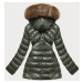 Lesklá zimná bunda v khaki farbe s machovitou kožušinou (W674)
