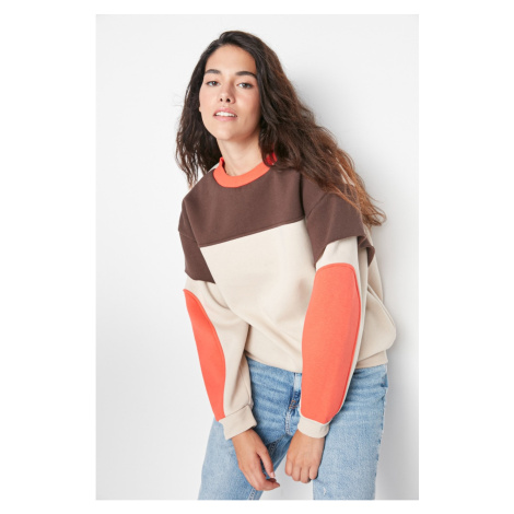 Trendyol Beige Color Block Loose Raised Knitted Sweatshirt