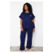 Trendyol Curve Navy Blue Knitted Pajamas with Embroidery and Ruffles