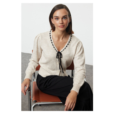 Trendyol Stone Ribbon/Bow Detailed Knitwear Cardigan