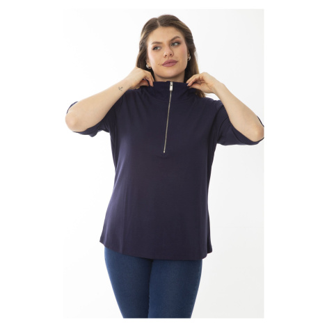 Şans Women's Plus Size Navy Blue Paw Zipper Short Sleeve Sweatshirt