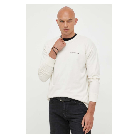 Bavlnené tričko s dlhým rukávom Marc O'Polo DENIM béžová farba, s potlačou