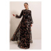 By Saygı Belted Waist, Lined, Gilded Long Dress Wide Size Range, Black-gold