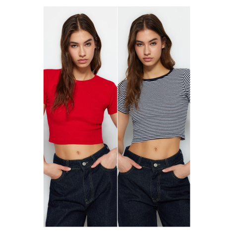 Trendyol Navy Blue Striped-Red Plain 2-Pack Fitted/Simple Crop Corduroy Knit Blouse
