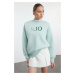 Trendyol Mint Slogan Embroidery Detailed Regular/Normal Pattern Crew Neck Knitted Sweatshirt