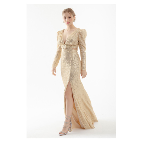 Lafaba Women's Gold V-Neck Decollete Waist Sequined Long Evening Dress