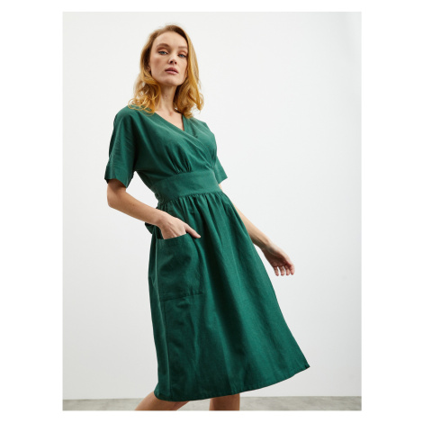 Zelené dámske zavinovacie ľanové šaty s vreckami ZOOT.lab Dodi