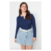 Trendyol Curve Navy Blue Crew Neck Plain Basic Ribbed Knitted Blouse