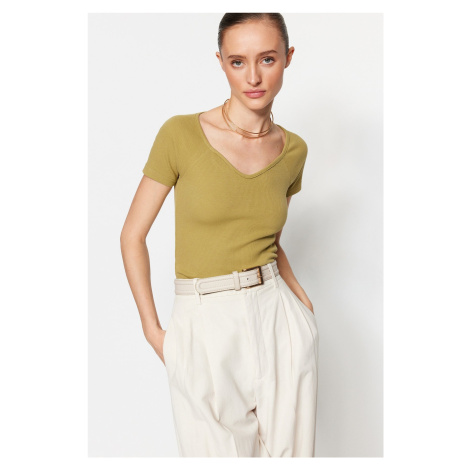 Trendyol Fat Green Fitted Corduroy Cotton Stretch Knitted Blouse