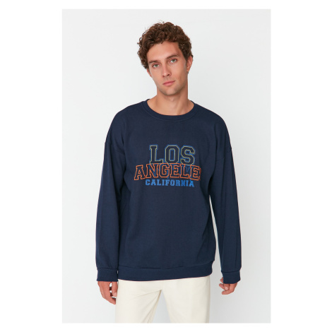 Trendyol Navy Blue Men's Oversize Fit Crew Neck Printed Sweatshirt