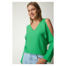 Happiness İstanbul Women's Green Decollete Flowy Ayrobin Blouse