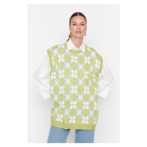 Trendyol svetlozelený kvetinový pletený sveter