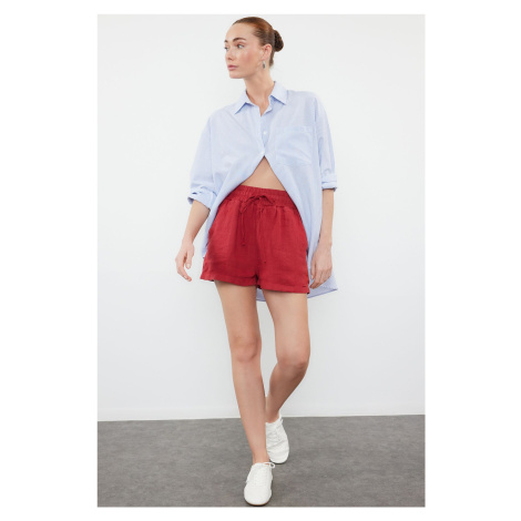 Trendyol Red 100% Linen Elastic Waist High Waist Shorts