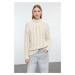 Trendyol Stone Soft Texture Wide Pattern Openwork/Hole Stand Collar Knitwear Sweater