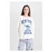 DEFACTO Women's White Cool Disney Lilo & Stitch Wide Cut Crew Neck Printed Sweatshirt D4812ax24w