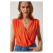 Happiness İstanbul Women's Orange Wrapover Neck Padded Snap-On Knitted Blouse