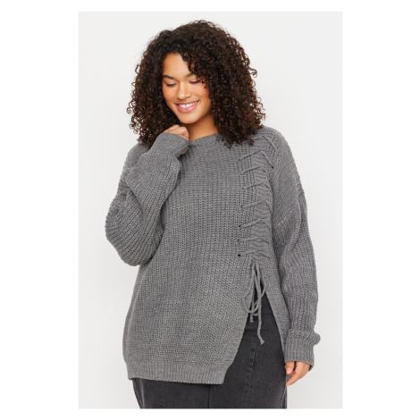 Trendyol Curve Anthracite Cross Lace-Up Detail Knitwear Sweater.