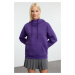 Trendyol Purple Oversize Pattern Hooded Kangaroo Pocket Thick Polar Fleece Knitted Sweatshirt