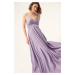 Lafaba Women's Lilac Long Satin Evening Dress &; Prom Dress with Thread Straps and Waist Belt