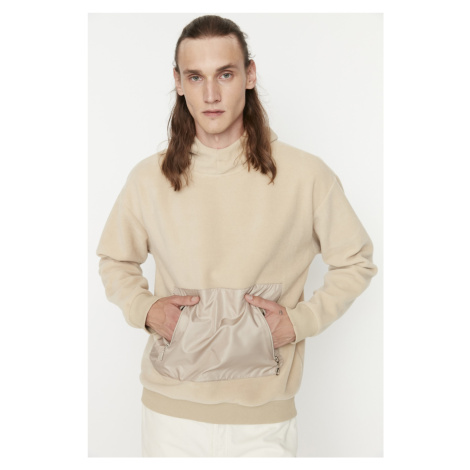 Trendyol Stone Men Relaxed Fit Long Sleeve Hooded Zipper Pocket Detailed Paneled Sweatshirt