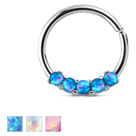 Oceľový piercing striebornej farby, lesklý krúžok so syntetickými opálmi - Farba piercing: Ružov