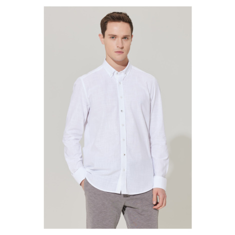ALTINYILDIZ CLASSICS Men's White Slim Fit Slim Fit Button Down Collar Linen-Looking 100% Cotton 